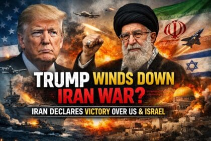 Trump signals endgame in Iran war with Donald Trump and Iran leadership visualized amid explosions, fighter jets, warships, and US-Iran-Israel flags representing escalating Middle East conflict.