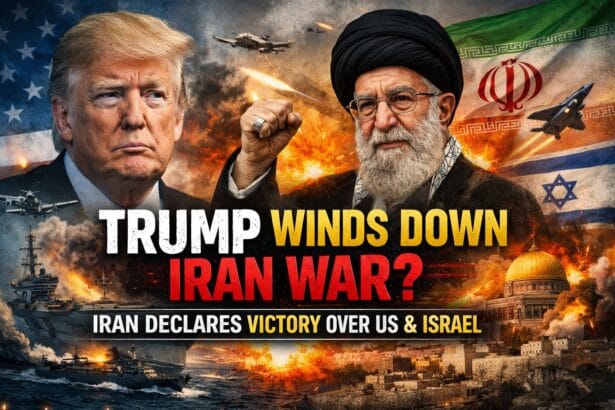 Trump signals endgame in Iran war with Donald Trump and Iran leadership visualized amid explosions, fighter jets, warships, and US-Iran-Israel flags representing escalating Middle East conflict.