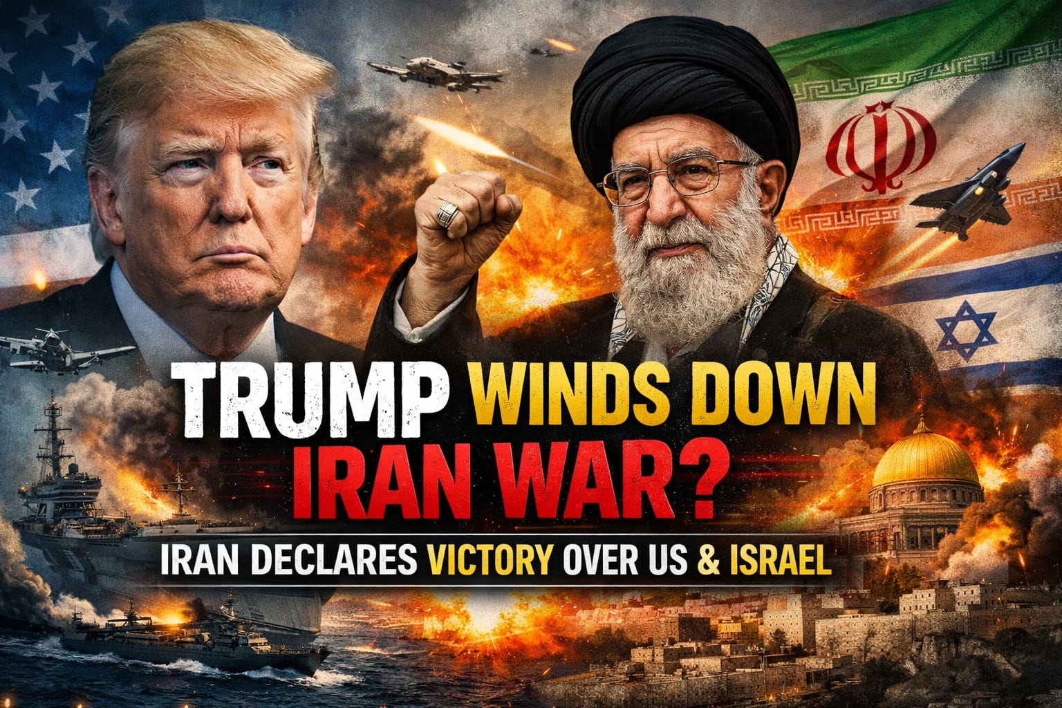 Trump signals endgame in Iran war with Donald Trump and Iran leadership visualized amid explosions, fighter jets, warships, and US-Iran-Israel flags representing escalating Middle East conflict.