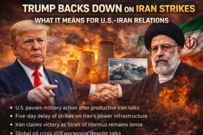 Trump backs down on Iran strikes showing US President and Iranian leadership with burning power plants and war backdrop, highlighting pause in military action amid rising tensions.