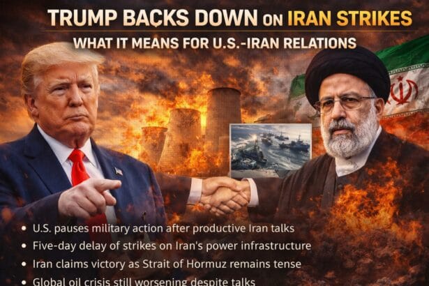 Trump backs down on Iran strikes showing US President and Iranian leadership with burning power plants and war backdrop, highlighting pause in military action amid rising tensions.