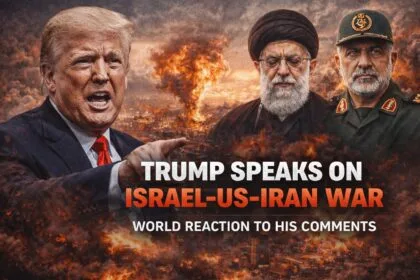 Picture of Donald Trump addressing Trump on the Israel-US-Iran War 2026 with backdrop of Tehran explosions and global reaction headlines.