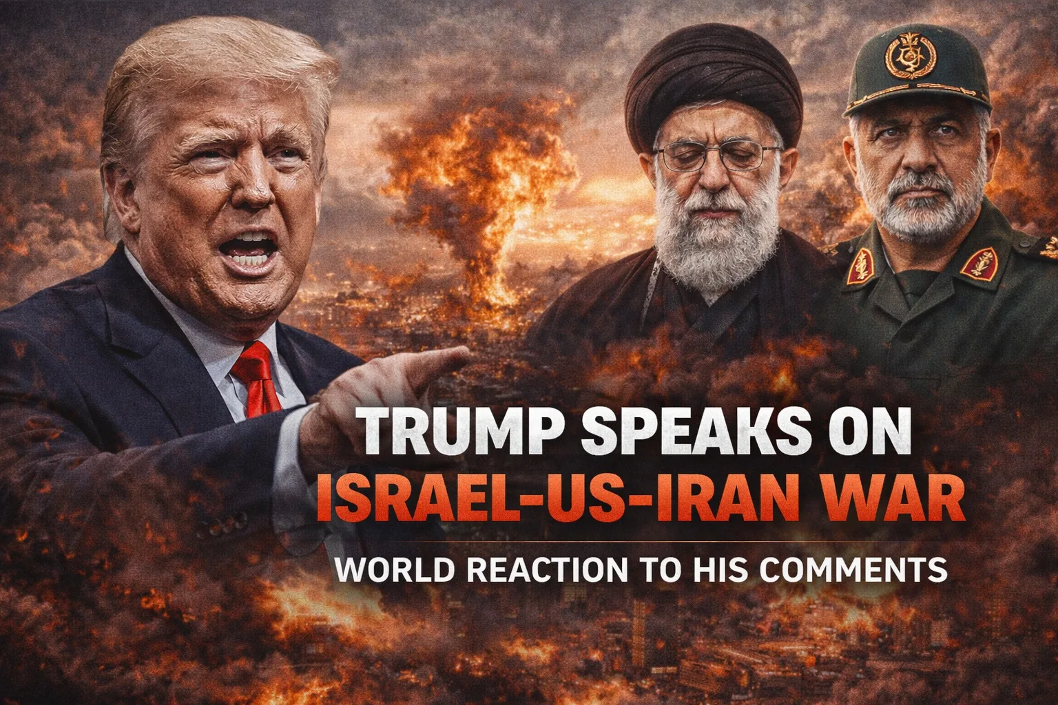 Picture of Donald Trump addressing Trump on the Israel-US-Iran War 2026 with backdrop of Tehran explosions and global reaction headlines.