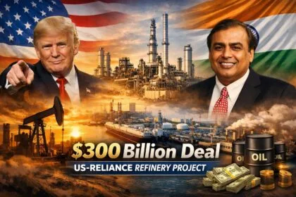 Illustration depicting the US-Reliance Energy deal with a large oil refinery and tanker ship, symbolizing the Texas refinery project and growing energy cooperation between the United States and India.