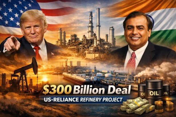 Illustration depicting the US-Reliance Energy deal with a large oil refinery and tanker ship, symbolizing the Texas refinery project and growing energy cooperation between the United States and India.