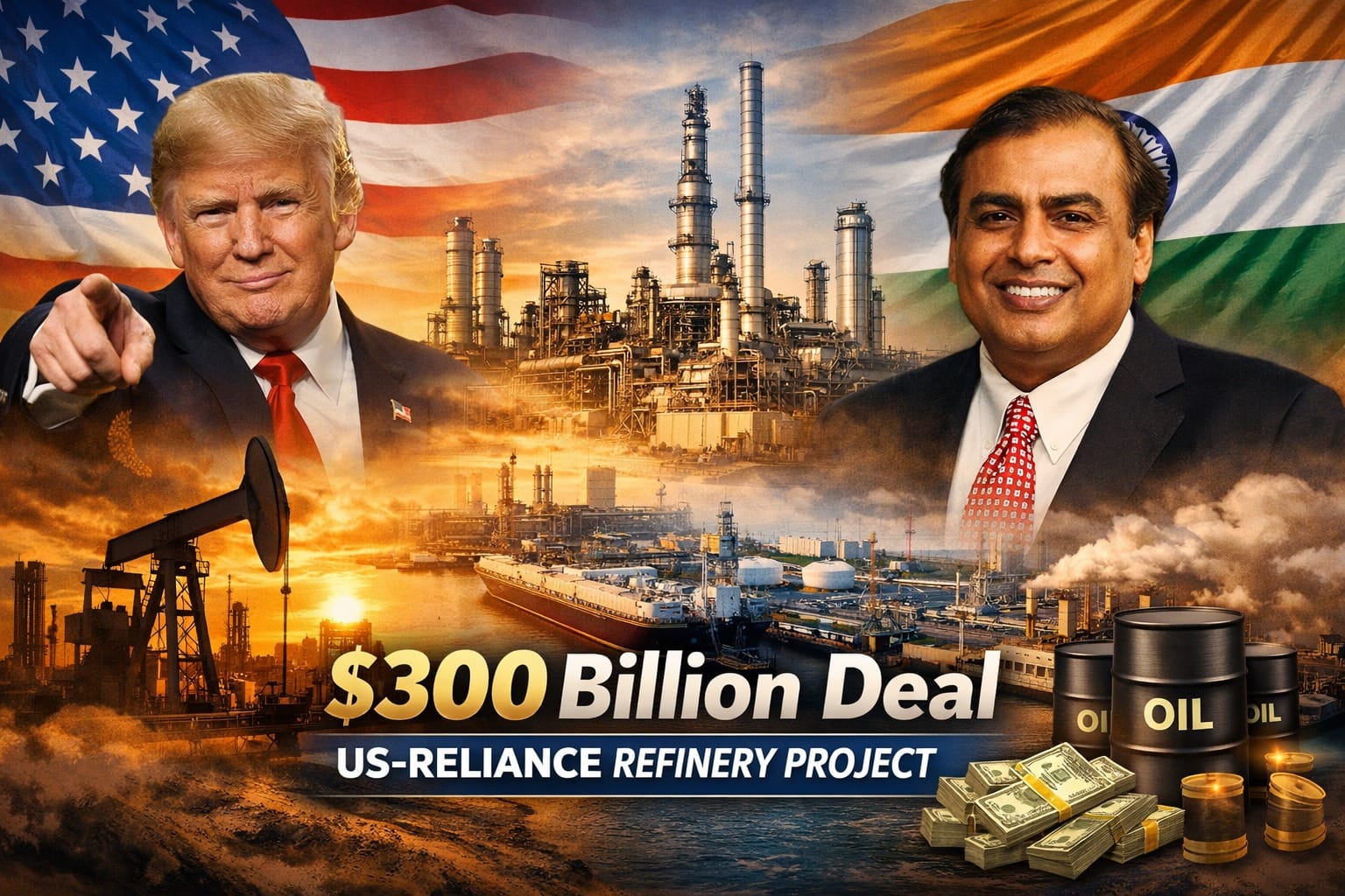 Illustration depicting the US-Reliance Energy deal with a large oil refinery and tanker ship, symbolizing the Texas refinery project and growing energy cooperation between the United States and India.