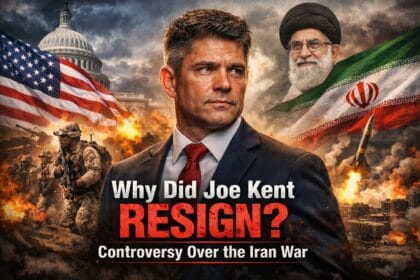 Joe Kent resignation graphic showing US flag, Iran conflict visuals, explosions, and headline questioning why Joe Kent resigned amid the Iran war controversy.
