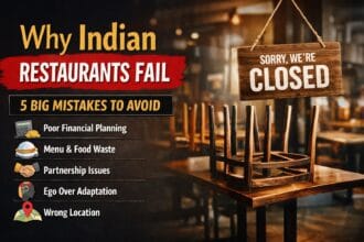 Why Indian Restaurants Fail concept image showing a closed restaurant with chairs upside down and a ‘Sorry We’re Closed’ sign highlighting business mistakes
