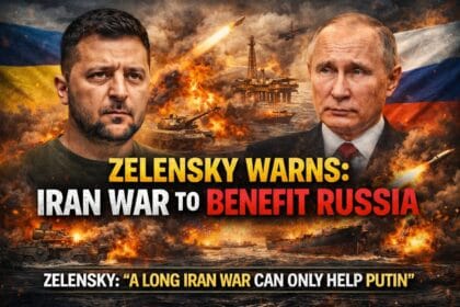 Zelensky warning that a prolonged Iran war could benefit Russia, with visuals of Russia, Iran, and Ukraine flags, oil barrels, and global conflict map highlighting geopolitical tension.