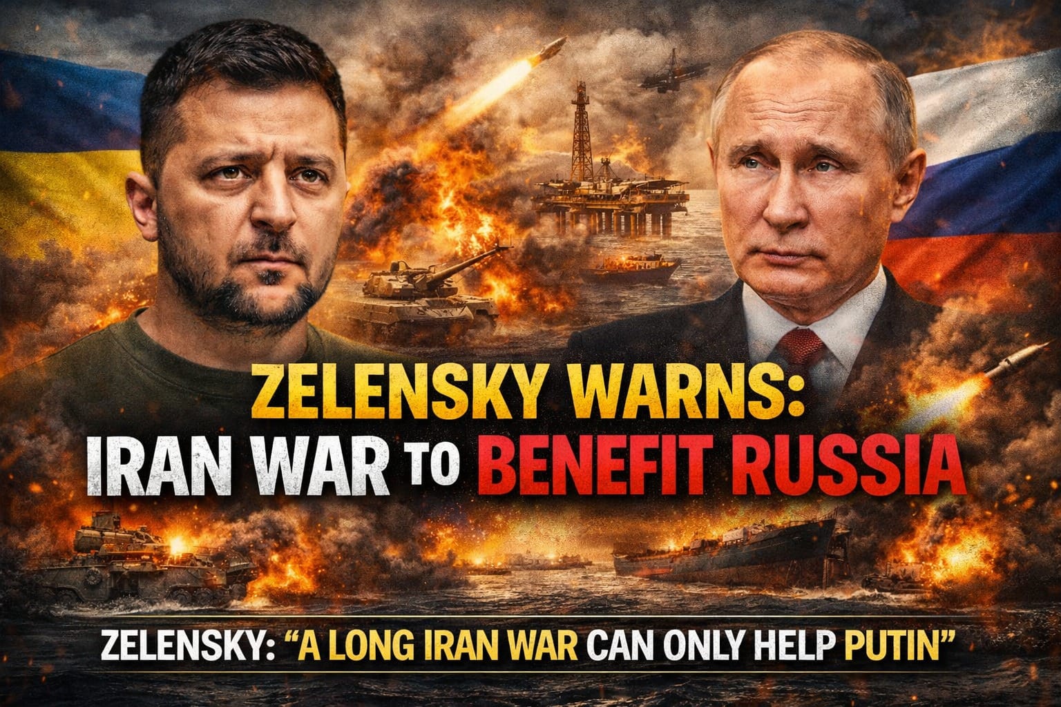 Zelensky warning that a prolonged Iran war could benefit Russia, with visuals of Russia, Iran, and Ukraine flags, oil barrels, and global conflict map highlighting geopolitical tension.
