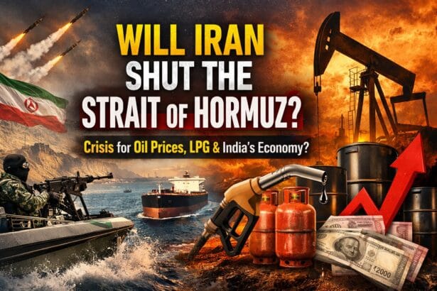 Strait of Hormuz crisis illustration showing Iranian military boat, oil tanker, missiles, pumpjack, LPG cylinders and rising fuel prices highlighting impact on oil markets and India’s economy.