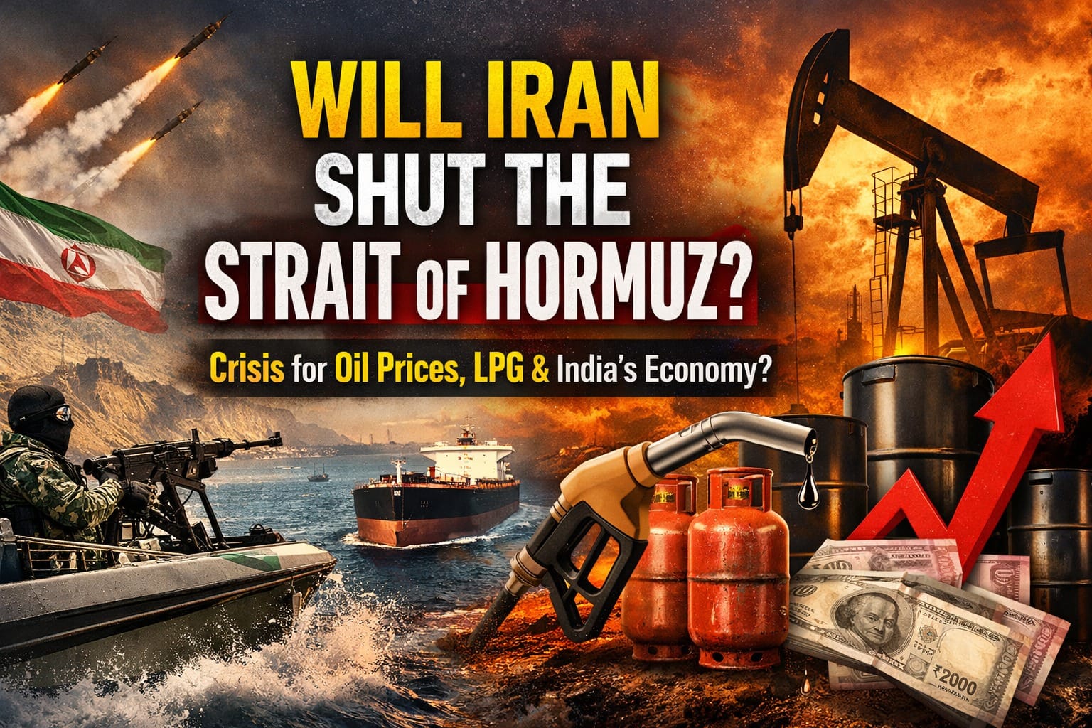 Strait of Hormuz crisis illustration showing Iranian military boat, oil tanker, missiles, pumpjack, LPG cylinders and rising fuel prices highlighting impact on oil markets and India’s economy.