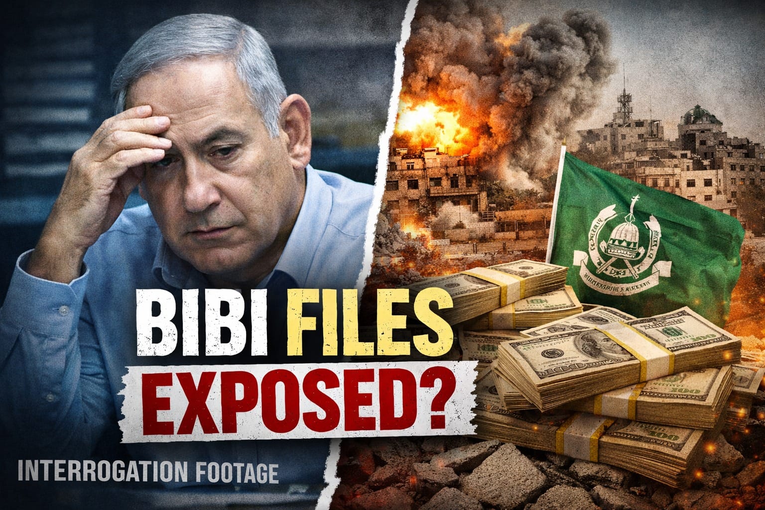 Bibi Files Explained thumbnail showing Benjamin Netanyahu in a tense moment alongside Gaza conflict imagery, cash bundles, and Hamas symbolism highlighting allegations of corruption and funding links