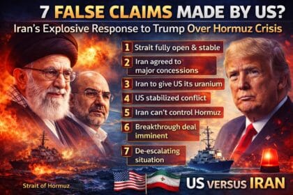 7 False Claims Made by US graphic showing Iran vs US tension, Donald Trump and Iranian leaders with Strait of Hormuz backdrop, highlighting disputed claims and escalating geopolitical conflict.