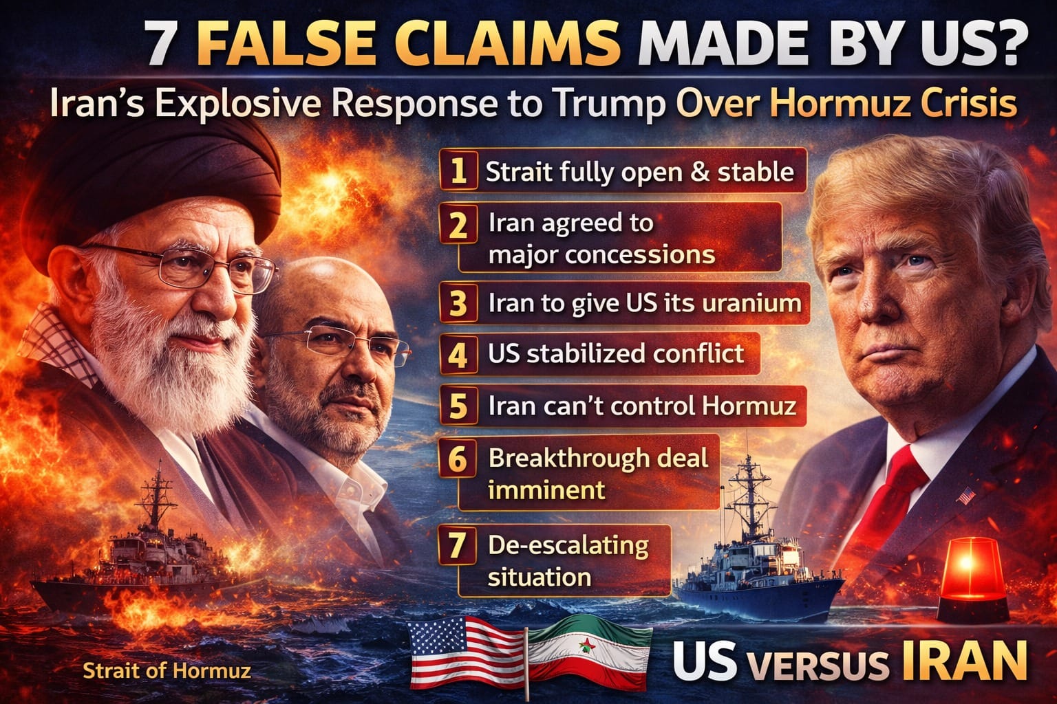 7 False Claims Made by US graphic showing Iran vs US tension, Donald Trump and Iranian leaders with Strait of Hormuz backdrop, highlighting disputed claims and escalating geopolitical conflict.