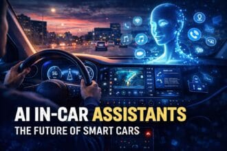 AI in-car assistants visualized inside a modern smart car, showing a driver interacting with a futuristic dashboard, holographic AI interface, navigation system, and connected features like calls, music, and vehicle diagnostics.