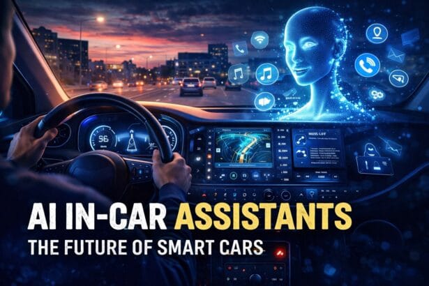 AI in-car assistants visualized inside a modern smart car, showing a driver interacting with a futuristic dashboard, holographic AI interface, navigation system, and connected features like calls, music, and vehicle diagnostics.