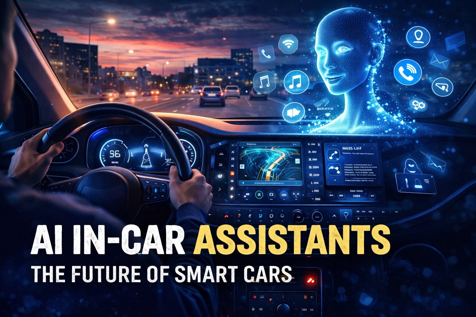 AI in-car assistants visualized inside a modern smart car, showing a driver interacting with a futuristic dashboard, holographic AI interface, navigation system, and connected features like calls, music, and vehicle diagnostics.