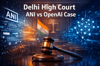 ANI vs OpenAI case Delhi High Court AI copyright dispute with courtroom gavel and digital data network