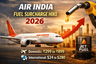 Air India aircraft with rising jet fuel prices graph showing fuel surcharge hike in 2026 affecting domestic and international flights Air India Fuel Surcharge Hike