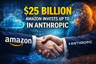 A digital illustration showing a handshake between Amazon and Anthropic, representing Amazon’s Investment in Anthropic, with futuristic AI visuals like neural networks, cloud systems, and data infrastructure in the background.
