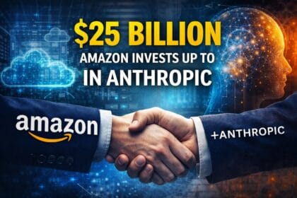 A digital illustration showing a handshake between Amazon and Anthropic, representing Amazon’s Investment in Anthropic, with futuristic AI visuals like neural networks, cloud systems, and data infrastructure in the background.