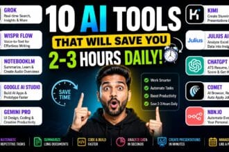 Best AI tools to save 2-3 hours daily thumbnail showing a surprised man pointing at bold text with icons of Grok, Wispr Flow, NotebookLM, Gemini, Kimi, Julius AI, ChatGPT, Comet, and n8n highlighting productivity and time-saving features