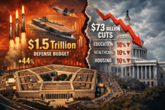 Trump budget military spending illustration showing $1.5 trillion defense budget vs domestic spending cuts in the United States