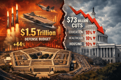 Trump budget military spending illustration showing $1.5 trillion defense budget vs domestic spending cuts in the United States