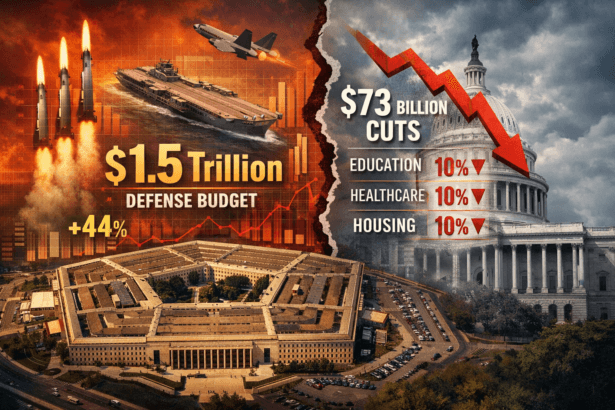 Trump budget military spending illustration showing $1.5 trillion defense budget vs domestic spending cuts in the United States