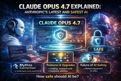 Claude Opus 4.7 AI infographic showing futuristic interface, humanoid robot, coding screen, and security shield highlighting AI safety, features, and Mythos connection