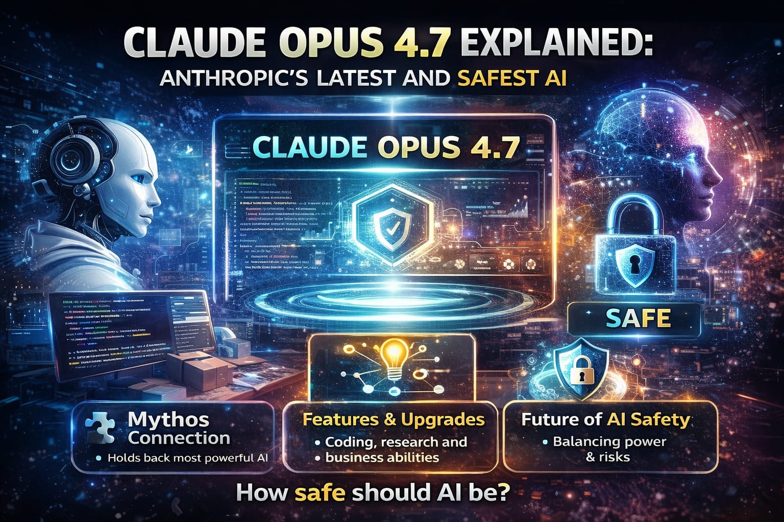 Claude Opus 4.7 AI infographic showing futuristic interface, humanoid robot, coding screen, and security shield highlighting AI safety, features, and Mythos connection