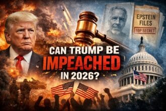 Can Trump be impeached in 2026 concept image showing Donald Trump with war background, US Capitol, Epstein files, and a judge’s gavel symbolizing impeachment debate