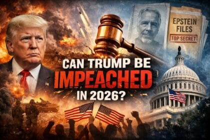 Can Trump be impeached in 2026 concept image showing Donald Trump with war background, US Capitol, Epstein files, and a judge’s gavel symbolizing impeachment debate