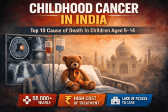 Childhood cancer in India concept image showing hospital bed, medical scans and awareness ribbon highlighting rising child cancer deaths