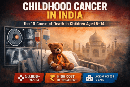 Childhood cancer in India concept image showing hospital bed, medical scans and awareness ribbon highlighting rising child cancer deaths