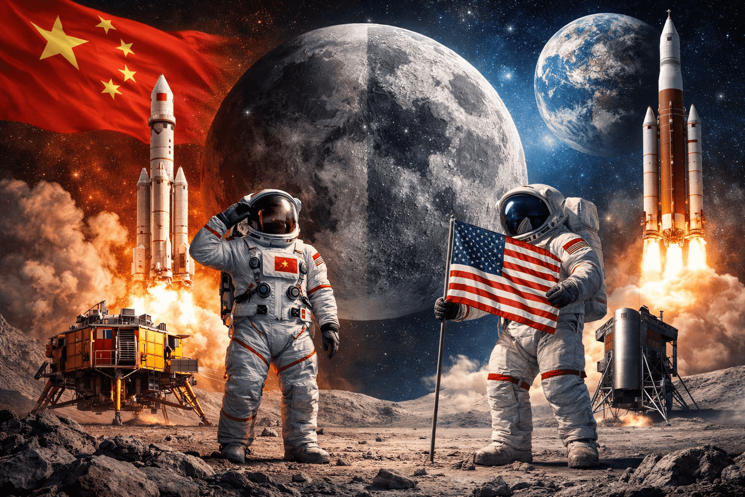 China accelerates Moon mission as US-China lunar race intensifies with astronauts, rockets, and Moon surface illustration