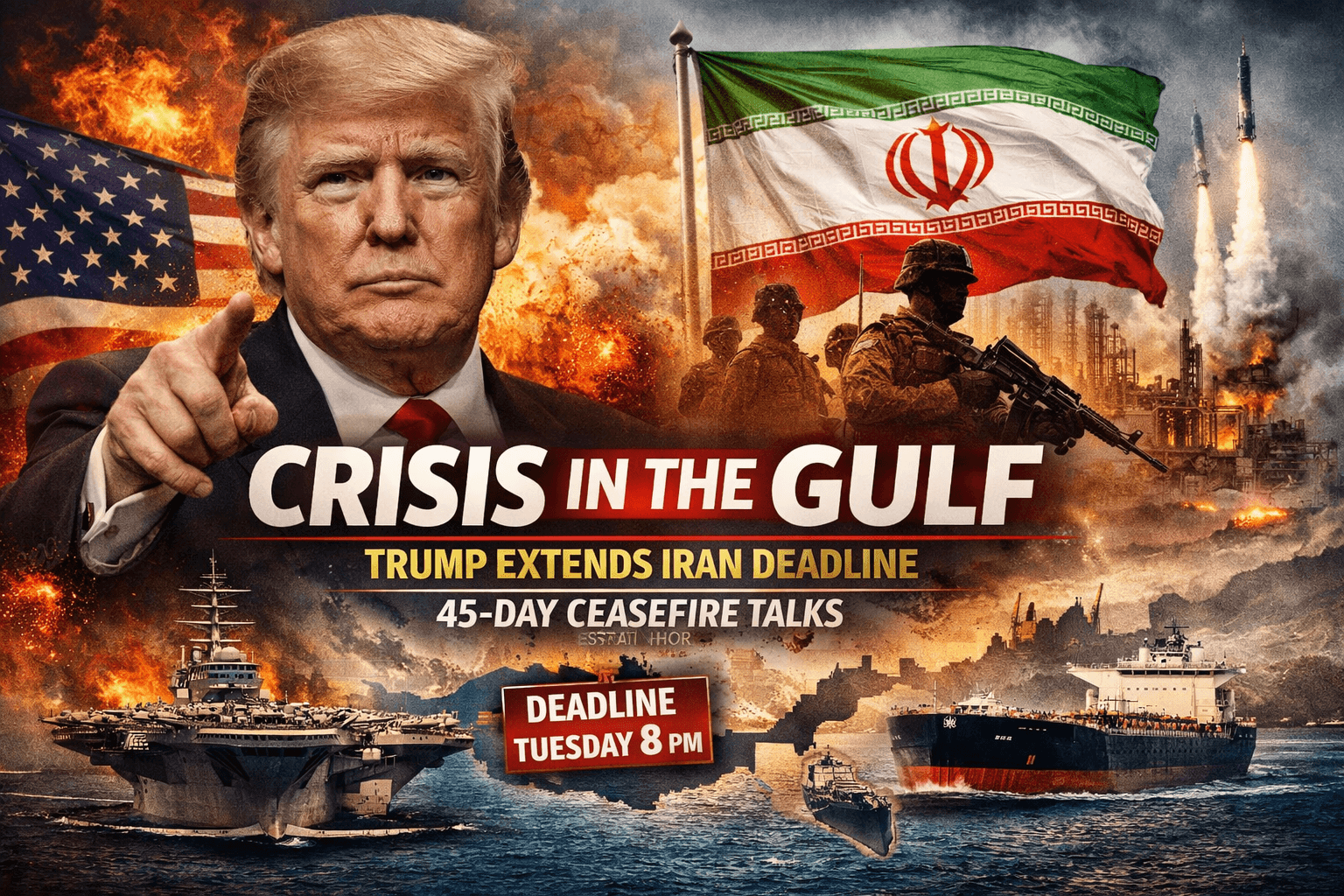 Trump Iran deadline extension showing US-Iran tensions with Strait of Hormuz crisis and ongoing 45-day ceasefire talks in Middle East