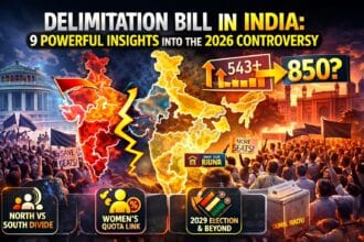Delimitation Bill in India infographic showing divided map of India, protest crowds, Parliament, and seat increase from 543 to 850 highlighting North vs South political debate