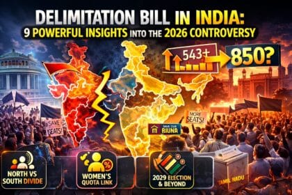 Delimitation Bill in India infographic showing divided map of India, protest crowds, Parliament, and seat increase from 543 to 850 highlighting North vs South political debate