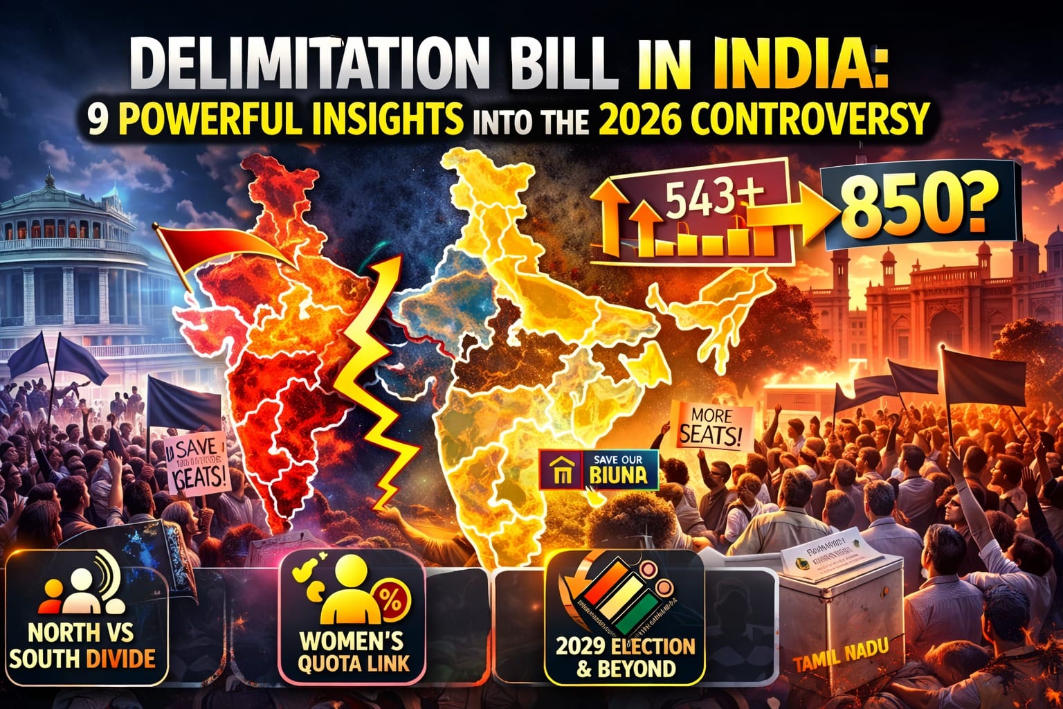 Delimitation Bill in India infographic showing divided map of India, protest crowds, Parliament, and seat increase from 543 to 850 highlighting North vs South political debate
