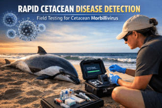 Breakthrough Whale and Dolphin Disease Detection Tech Could Transform Marine Rescue showing a marine researcher testing a stranded dolphin using a portable device to detect Cetacean Morbillivirus on-site