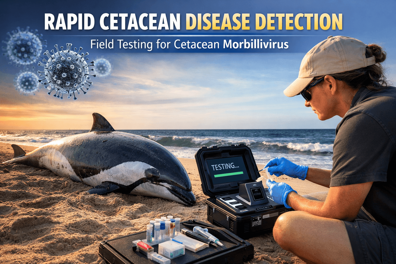 Breakthrough Whale and Dolphin Disease Detection Tech Could Transform Marine Rescue showing a marine researcher testing a stranded dolphin using a portable device to detect Cetacean Morbillivirus on-site
