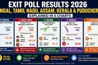 Infographic showing Exit Poll Results 2026 for West Bengal, Tamil Nadu, Assam, Kerala, and Puducherry with seat projections, party comparisons, and key political trends across five states.