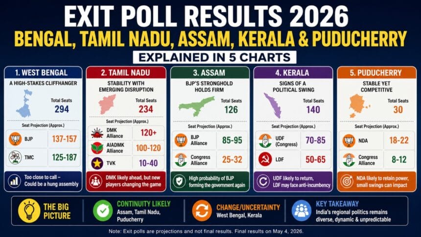 Infographic showing Exit Poll Results 2026 for West Bengal, Tamil Nadu, Assam, Kerala, and Puducherry with seat projections, party comparisons, and key political trends across five states.