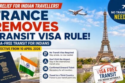 France Removes Transit Visa Rule For Indians graphic showing Eiffel Tower, airplane, Indian passport, and visa-free transit announcement effective April 2026
