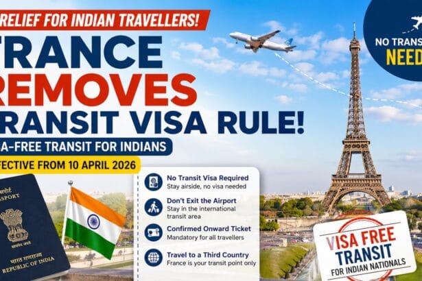 France Removes Transit Visa Rule For Indians graphic showing Eiffel Tower, airplane, Indian passport, and visa-free transit announcement effective April 2026