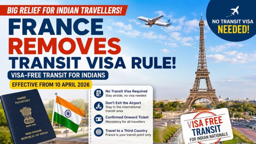 France Removes Transit Visa Rule For Indians graphic showing Eiffel Tower, airplane, Indian passport, and visa-free transit announcement effective April 2026