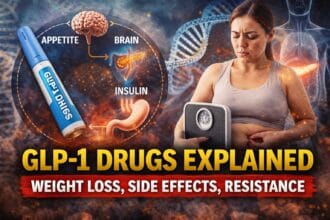 GLP-1 Drugs Explained image showing injection pen, brain and insulin diagram, and woman measuring weight to represent weight loss, side effects, and resistance