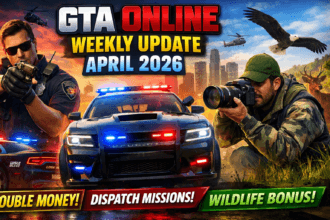GTA Online Weekly Update April 2026 featuring police dispatch missions, double money bonuses, wildlife photography rewards, and new police vehicles in Los Santos